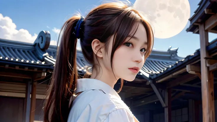 A 20-year-old Japanese woman with a beautiful profile like a popular actress。For crystal clear white skin、A slightly sad expression, as if she had been heartbroken。Her very long and beautiful hair is impressive.。Wearing the latest fashionable clothes。The b...