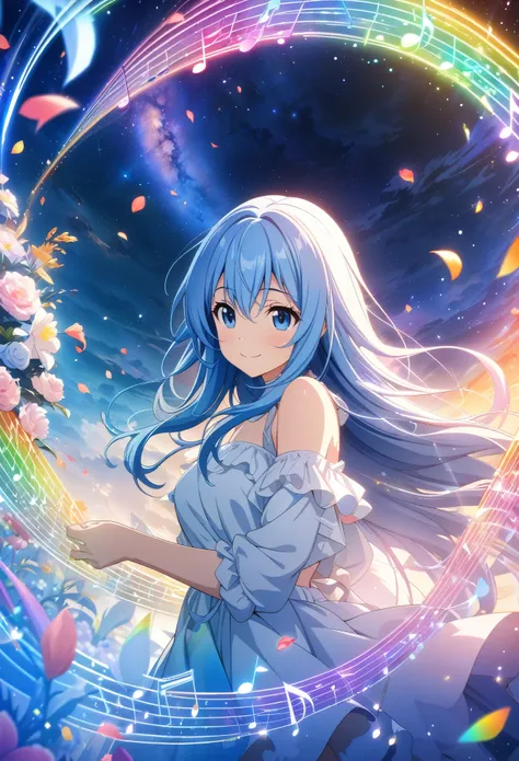 (wallpaper 8k CG), (masterpiece), (best quality), Anime style, masterpiece, long hair, girl, (smile), flower-petals rainbow-colored musical notes and stars flowing from her fluttering blue hair. The background is a galaxy, star, light