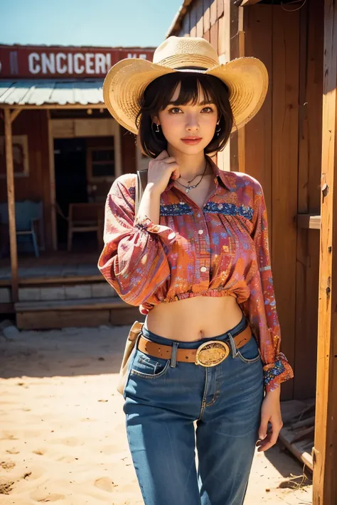 cowboy fashion, Vibrant Texas Landscape, groovy style, nostalgic atmosphere, vibrant tomb floor:0.2 Groovy image of a female cowboy in 80s outfit, Immerse yourself in the vibrant atmosphere of Texas. His attire reflects the fashion trends of the time., sof...