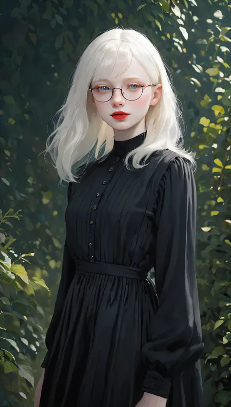 ((ultra-realistic illustrations:1.3)),(black clothes), cute 18 year old (albino:1.4)women of slavic descent.(short:1.1), , long ...