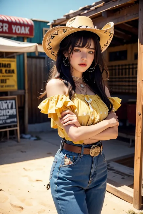 cowboy fashion, Vibrant Texas Landscape, groovy style, nostalgic atmosphere, vibrant tomb floor:0.2 Groovy image of a female cowboy in 80s outfit, Immerse yourself in the vibrant atmosphere of Texas. His attire reflects the fashion trends of the time., sof...