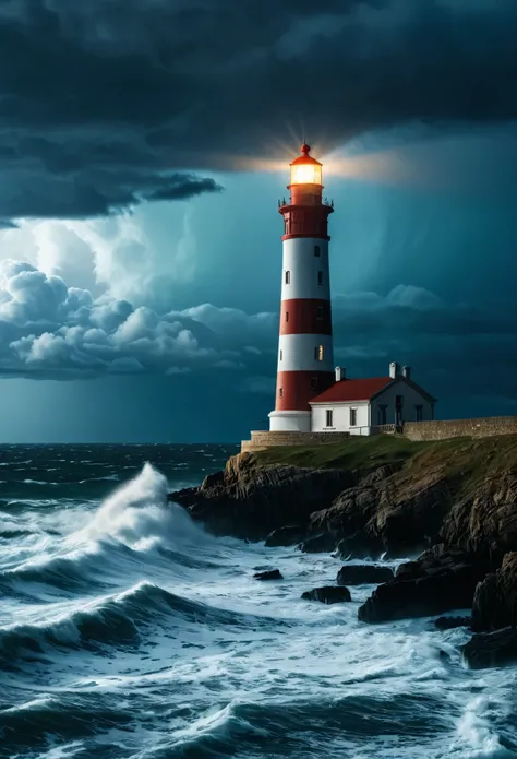 A lighthouse on the coast on a stormy night,
(masterpiece:1.2), (best quality:1.2), ultra-detailed, best shadow, detailed background, high contrast, (best illumination, an extremely delicate and beautiful), ((cinematic light)), intricate details, 8k, very ...