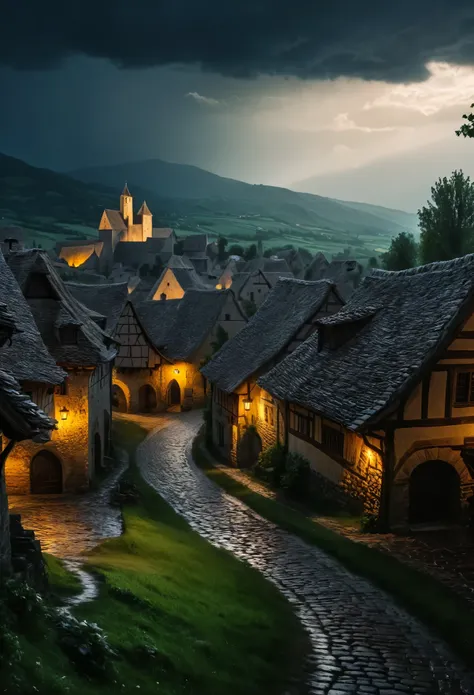 a landscape of a medieval village on a stormy night,
(masterpiece:1.2), (best quality:1.2), ultra-detailed, best shadow, detaile...