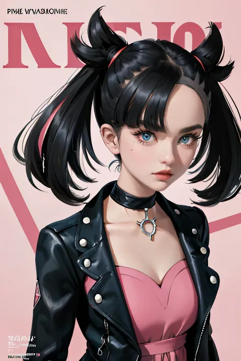 marnie (pokemon), punk girl, masterpiece, best quality, highres, marnie, aqua eyes, choker, red ribbon, side bangs, black hair, ...