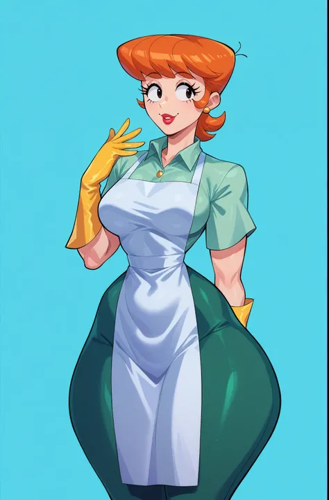 score_9, score_8_up, score_7_up, BREAK, 1girl, solo, breasts,  dextersmom, makeup, jewelry, gloves, shirt, apron, upper body, portrait, mature female, simple background, thick thighs, wide hips, big ass, showing buttcrack slightly,