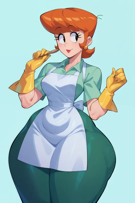 score_9, score_8_up, score_7_up, BREAK, 1girl, solo, breasts,  dextersmom, makeup, jewelry, gloves, shirt, apron, upper body, portrait, mature female, simple background, thick thighs, wide hips, big ass, showing buttcrack slightly, showing big butt,