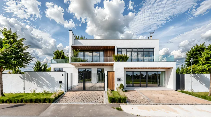 Raw photo,Masterpiece, high quality, best quality, authentic, super detail,
outdoors, house style modern,bietthuhn, white wall, glass windows, gate
road,pavement, grass, trees, sky, cloud, (day:1.1),