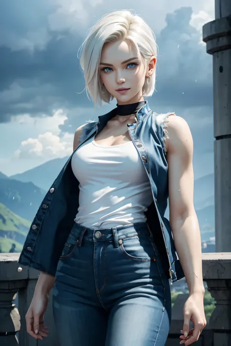 The best one,Dragon Ball Z,Number 18,Beautiful white blonde short cuts,One Length,Beautiful blue eyes,Silver Ring Earrings,Blue denim,pants,Blue sleeveless jean jacket,White T-shirt,Photorealistic,Ultra HD,high quality,masterpiece,Digital SLR,Detailed deta...