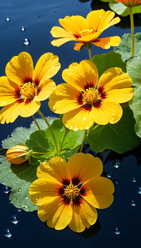 (titanium nasturtium）, each metallic daisy flower has cascading petals，they are dark blue，like the night sky and the deep sea，at...