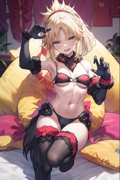 Masterpiece, Best Quality, illustration, city, 1girl, Mordred (fate), collarbone, Detailed blond hair ponytail braid, green eyes,,navel,thigh-high, covered_pussy,flat_chest,long_sworddangerousbeast,elbow_gloves,
,wolf_tail,wolf_ears,fang,happy,nihil,smile,...