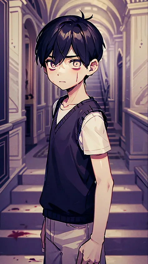 1 boy, scared look, dark eyes, looking at a staircase, dark environment, stairs covered in blood,