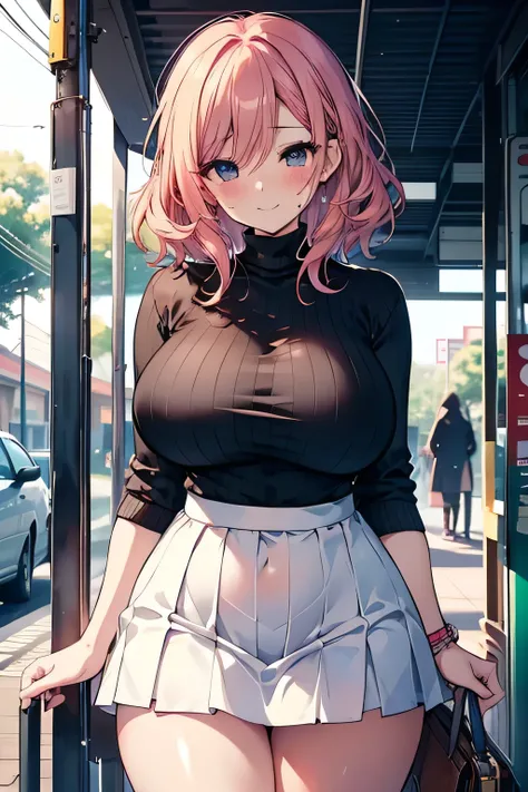 Erotic Anime Illustration、highest quality、smile、A voluptuous married woman showing off her sexual appeal、A sense of guilt、Adultery、bus stop、oversized white turtleneck sweater、Brown flared skirt、Maki Nishikino、Perfect proportions、Very large breasts、Clear ey...