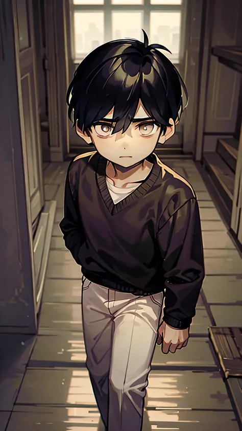 1 boy, scared look, dark eyes, looking at a staircase, dark environment,