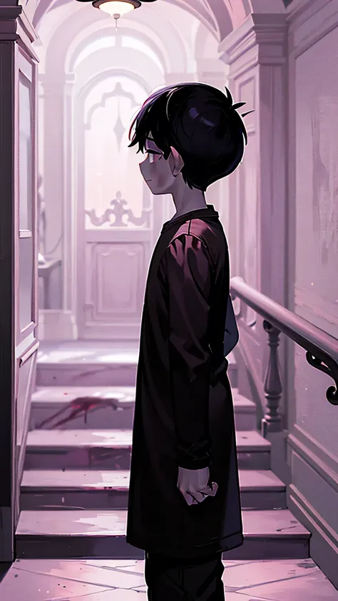 1 boy, scared look, dark eyes, looking at a staircase, dark environment, stairs covered in blood, pink light on the stairs