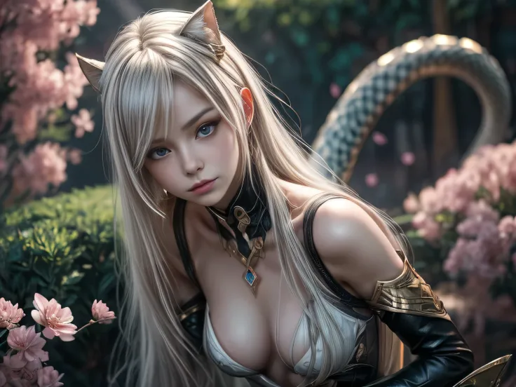 (Best Quality, 8K, Masterpiece, HDR, Soft Lighting, Picture Perfect, Realistic, Bright), White Snake Girl (1.0), Naga Girl (1.0), Snake Girl, Snake Girl with White Hair and Sexy Open Scaled snakecoloredbodysuit, Beautiful Fantasy Anime, Very beautiful and ...