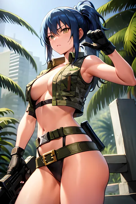 masterpiece, best quality, anime 1990s (style, leona heidern, sexy, naked, thong ,full open vest., jungle, tactical, pony tail, serious, cammo, army, soldier, blue hair, warfare, war, wet, gloves, sexy pose, jungle girl, perfect hands, five fingers, long h...