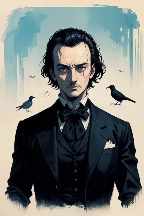 cuervos negros, paisaje tetrico y horrorifico; de fondo un hombre vestido de traje con la cara  tapada; edgar allan poe




