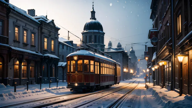 Dramatic lighting, chiaroscuro, Eastern European city, 18th century architecture, snow, lifeless, tram in the distance, wide plaza with hangar