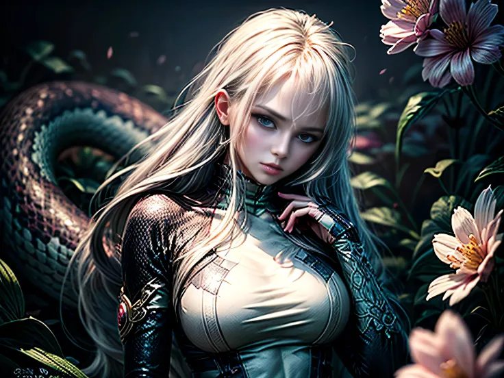 (best quality, 8k, masterpiece, hdr, soft lighting, picture perfect, realistic, bright), white snake girl (1.0), naga girl (1.0)...