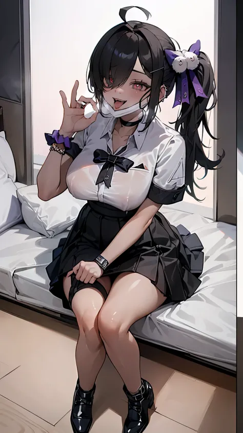  ((((Open your mouth))))、(masterpiece,Realistic depiction、highest quality,High resolution, Top-of-the-line specifications、Very detailed,bb Festival),skinny,Ahoge,Black Hair,(((((  Captivating smile ))))),skinny,Hair between the eyes,bangs,Hair Dark Brown S...