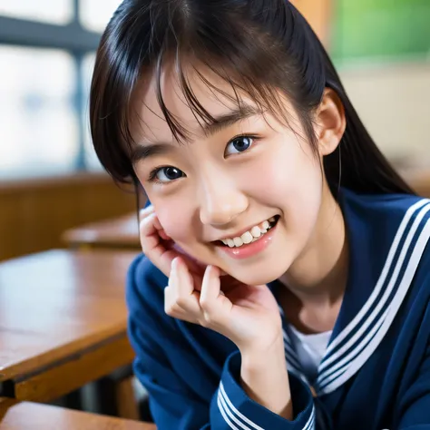lens: 135mm f1.8, (highest quality),(RAW Photos), (Tabletop:1.1), (Beautiful 12 year old Japanese girl), Cute Face, (Deeply chiseled face:0.7), (freckles:0.4), dappled Nikko, Dramatic lighting, Navy blue sailor suit, Long sleeve, (In the classroom), shy, ...