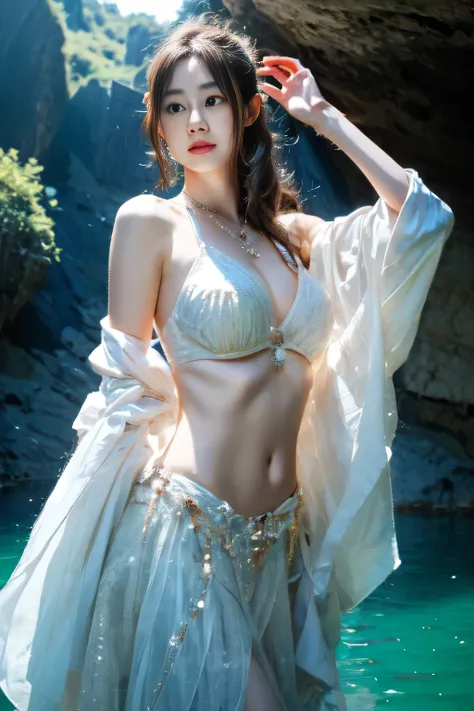 For great RAW photos、An attractive young adult goddess stands alone in a limestone cave、It exudes an attractive, sexy and erotic energy.。Her face is in focus、Perfect proportions、Large teardrop shaped breasts、A slim waist with a decorated navel。She is looki...