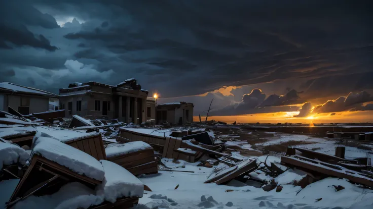 Dramatic lighting, chiaroscuro, view from the side, landscape of rubble stretching to the horizon, lifeless, stormy sky, snow