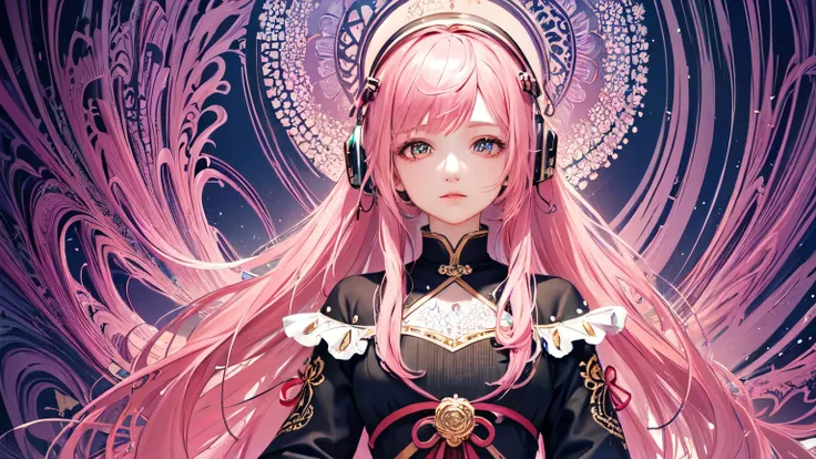 (masterpiece, highest quality, highest quality, Official Art, beautifully、aesthetic:1.2), (One girl), Very detailed,(Fractal Art:1.3),colorful,Most detailed pink hair、I have headphones on。