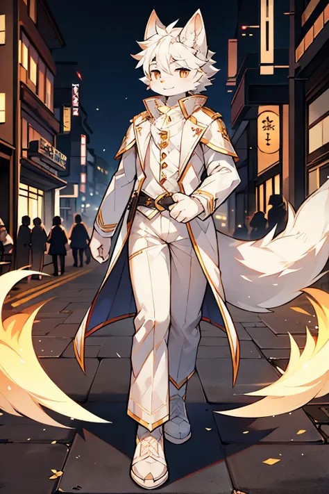 Exquisite lines，best quality。young，male，White Wolf Orcs，Higher，Long white coat，White trousers，Golden pupils，Background city bustling streets，night