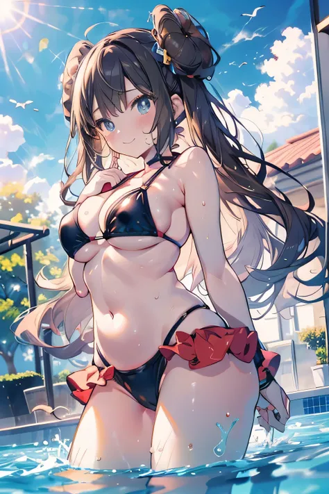 Erotic Anime Illustration、Anime painting、highest quality、smile、Yuuri、Pokémon、Plump high school girl swimming in a resort pool、Micro Bikini、Perfect proportions、Very large breasts、Fatty legs、Clear eyes、Sweaty、Cowboy Shot