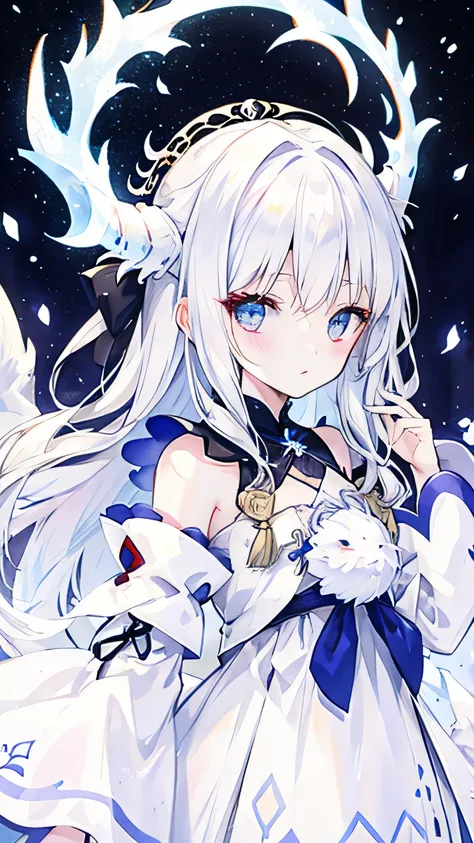 White dragon horn、White eyes、Snowy hair、White dress with intricate patterns、20 years old、Modify to hair