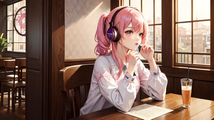 (masterpiece, highest quality, highest quality, Official Art, beautifully、aesthetic:1.2), (One girl), Very detailed,(Fractal Art:1.3),colorful,Most detailed pink hair、I have headphones on。
At the coffee shop、Drinking coffee。