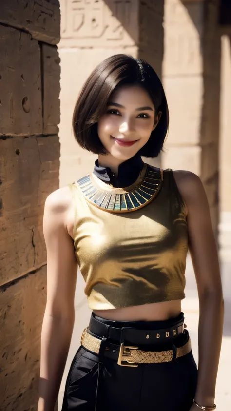 241 20-year-old female, short hair,A kind smile, lipstick, Egyptian civilization, Belt on waist