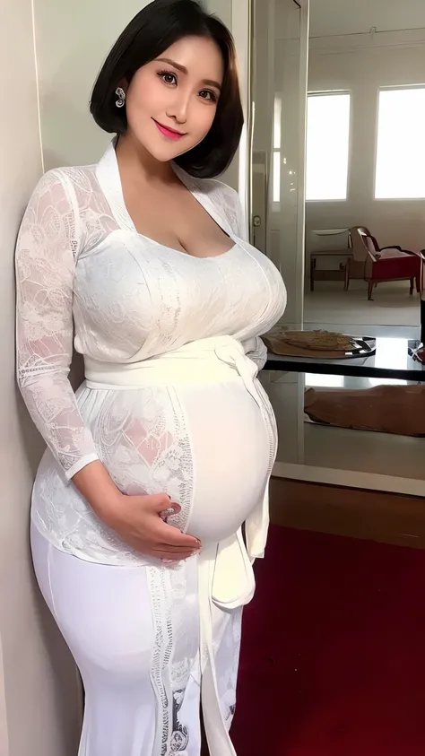 (REALISTIC) (elegant milf) (Big Mature : 3 Curvy body) ((goddess face)) ,(((white kebaya))), ((huge pregnant)), huge breasts,(trasnparent),short hair,,milf