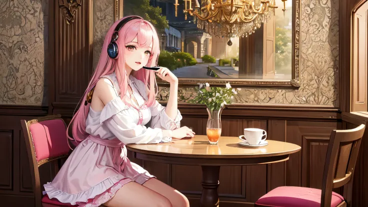 (masterpiece, highest quality, highest quality, Official Art, beautifully、aesthetic:1.2), (One girl), Very detailed,(Fractal Art:1.3),colorful,Most detailed、Pink rainbow hair、I have headphones on。
In a fashionable café、Drinking coffee。