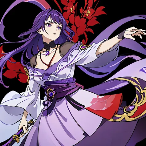 best quality at best, ultra-high resolution, (((1 girl))), (long purple hair), (violet eyes), (chinese clothes), (((red flowers ...