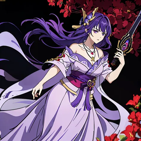 best quality at best, ultra-high resolution, (((1 girl))), (long purple hair), (violet eyes), (chinese clothes), (((red flowers ...