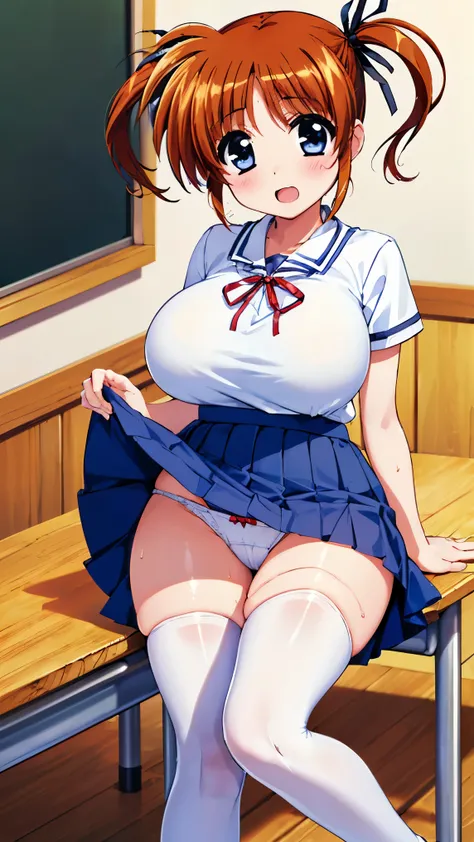 highest quality,masterpiece,8k,((((1girl)))),((big breasts:1.3)),orgasm,blush,sweat,takamachi nanoha,((school uniform)),short hair,twintail,hair ribbon,((mini skirt,lift skirt,upskirt,white thighhighs,white panties:1.1))