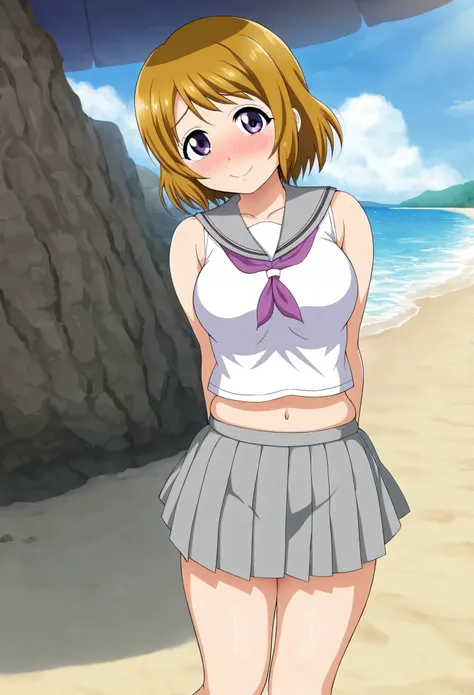 masterpiece, best quality, 80's anime style,solo , hanayo koizumi, purple eyes,blush, skirt, sleeveless, pleated skirt, serafuku...