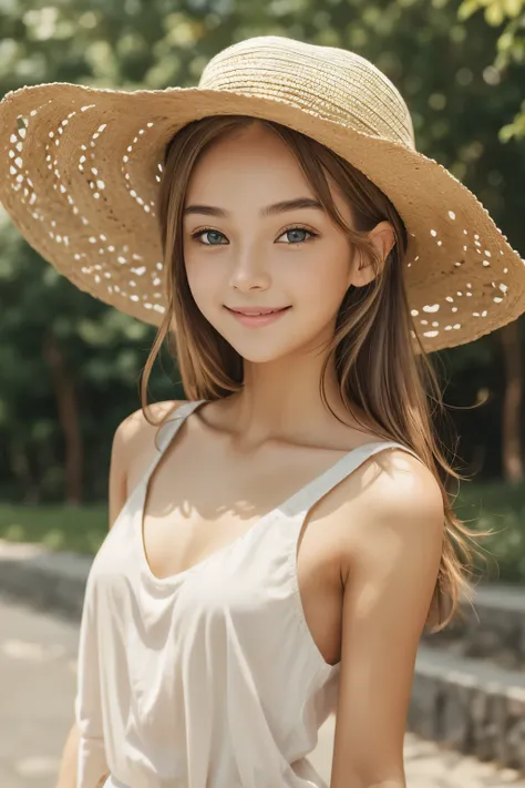 Beautiful and cute girl, smiling face, simple summer clothes, earth color clothes, natural color hat.