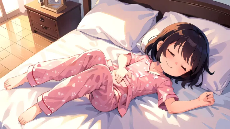 ((best quality)), ((masterpiece)), (detailed), 1girl, young girl, short, flat chest, small waist, sleeping on bed, peaceful expression, smiling, eyes closed, not covered by blanket, top down view, full body, transparent pajamas, no underwear