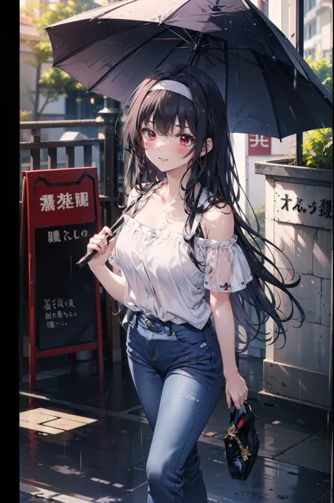 For profit, utaha kasumigaoka, Black Hair, hair band, Long Hair, (Red eyes:1.5), blush,blush,happy smile, smile, Open your mouth,whole bodyがイラストに入るように,Looking down from above,Cold shoulder tops,Short sleeve,Skinny jeans,Stiletto heels,walking,Cloudy,rain,b...