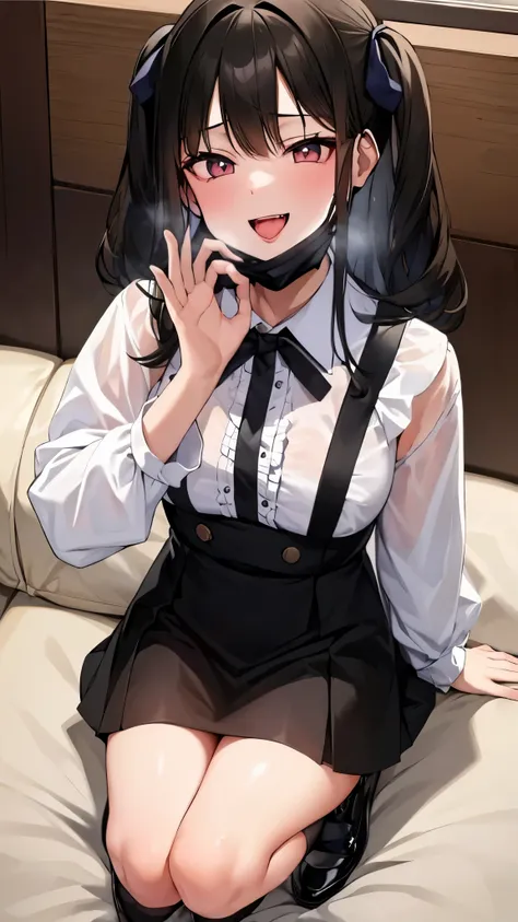 ((((Open your mouth))))、masterpiece,highest quality,High resolution,Very detailed,bb Festival,meだium hair,skinny,Ahoge,Brown Hair,((((( Captivating smile ))))),skinny,Hair between the eyes,bangs,Hair Ribbon,Black Choker,Earrings,Black Ribbon,plaiだ shirt,...