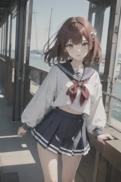 1 girl, Redhead, Facial hair stripes, Red eyes, Impact, RAW Photos, 8k, masterpiece,On the way home、Returning Home、Sailor suit、The skirt is black