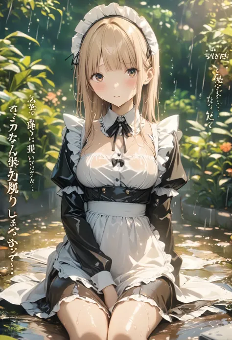 Magazine cover(masterpiece, best quality:1.2),Maid，（（（The eyes are delicate）））Wet body（（Wet maid clothes））garden，Wet floor，rain（8K）（HD）