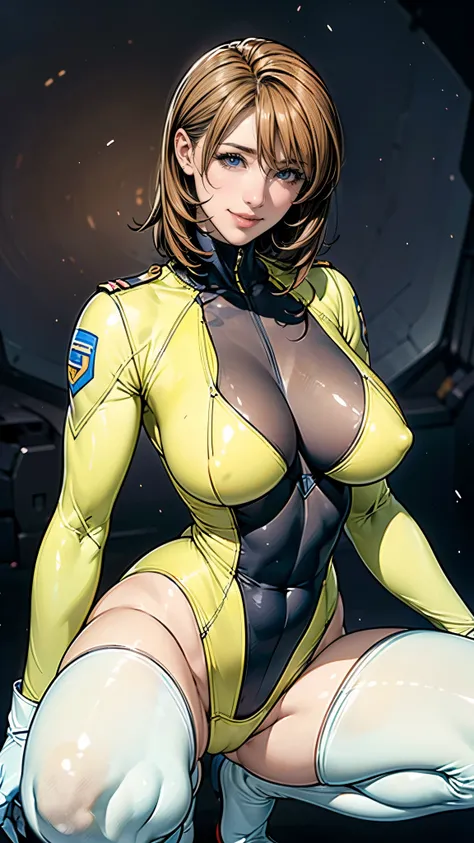 (masterpiece),(highest quality),(Very detailed),(High resolution),(Photorealistic Stick),(Realistic),(8k),(((SFW:1.5))),wallpaper,Perfect lighting,BREAK(One Woman),((MoriYuki:1.5)),(MoriBodysuit, yellow bodysuit, belt:1.5),(MoriUniform, white gloves, milit...