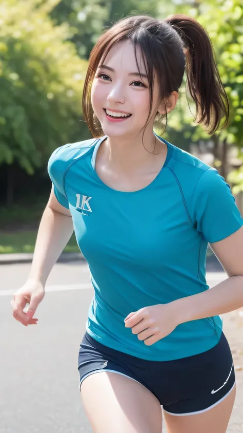 closeup shot , Best picture quality (8K, high resolution, Masterpiece: 1.2), super detailed,  215 Short Hair, 16-year-old woman, 

situation: Scenes of running in parks and along rivers。
clothing: Moisture-wicking running shirt and shorts。running shoes。Hai...