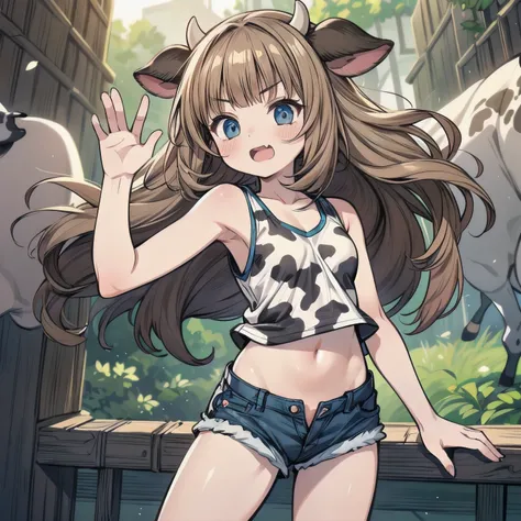 ((Masterpiece)), ((best quality)), (Anime:1.4), (super detail:1.2), (High Definition:1.3), (Professional Photography:1.3), (wide shot), (sharp focus), (perfect light), ((12 years old)), 1girl, ((wearing Cow-patterned tanktop)), fluffy shorts, cinematic lig...