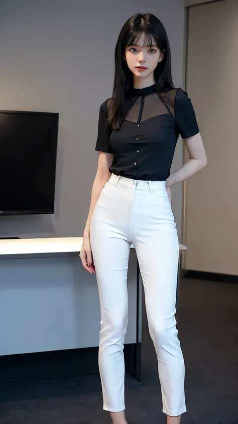 (((Backwards:2.0, Point your ass to the camera:2.0))), ((conference room:2.0)), ((Clothing:2.0, Blue long blouse:2.0, Black panties under white suit pants:2.0)), ((A grin:1.2, Small breasts:1.5, slender:1.5, Small Ass:1.8)), ((Japanese, 1 Girl, 18-year-old...