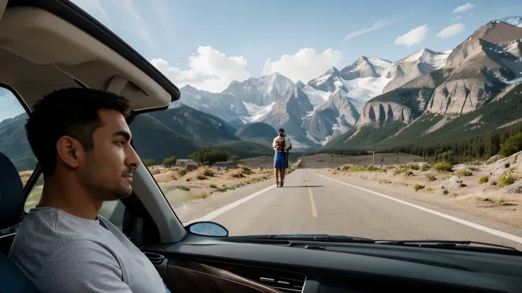 A man traveling with his family to beautiful places, sitting in his car with his family, seen from a slightly distant perspective.